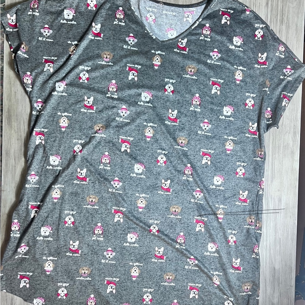 Joyspun Gray Knit Nightgown Size 2X to 3X Frenchie Dachshund Christmas pajamas